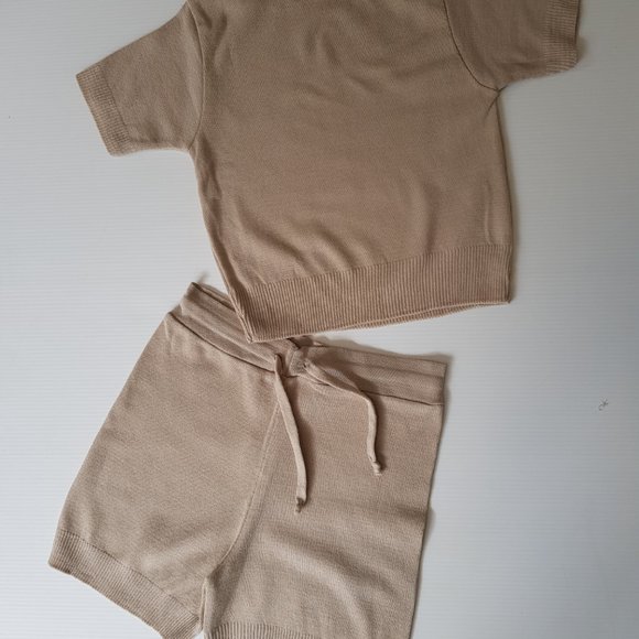 Beige Knit Short And Tee Set Soft Stretch Shorts And T-shirt Coordinates - Picture 14 of 15